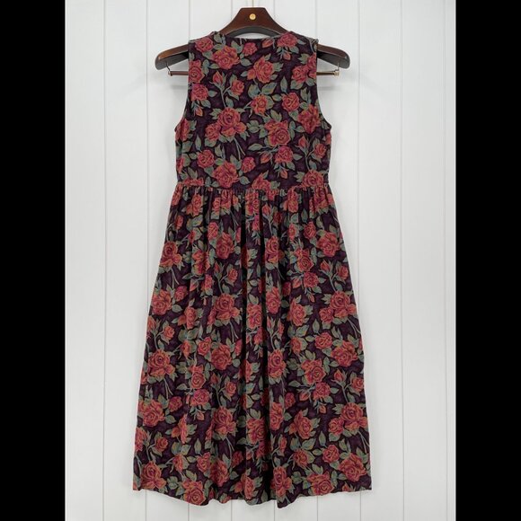 Vintage 90s Eddie Bauer Dark Floral Corduroy Midi Jumper Dress | Size S/M - Picture 9 of 10